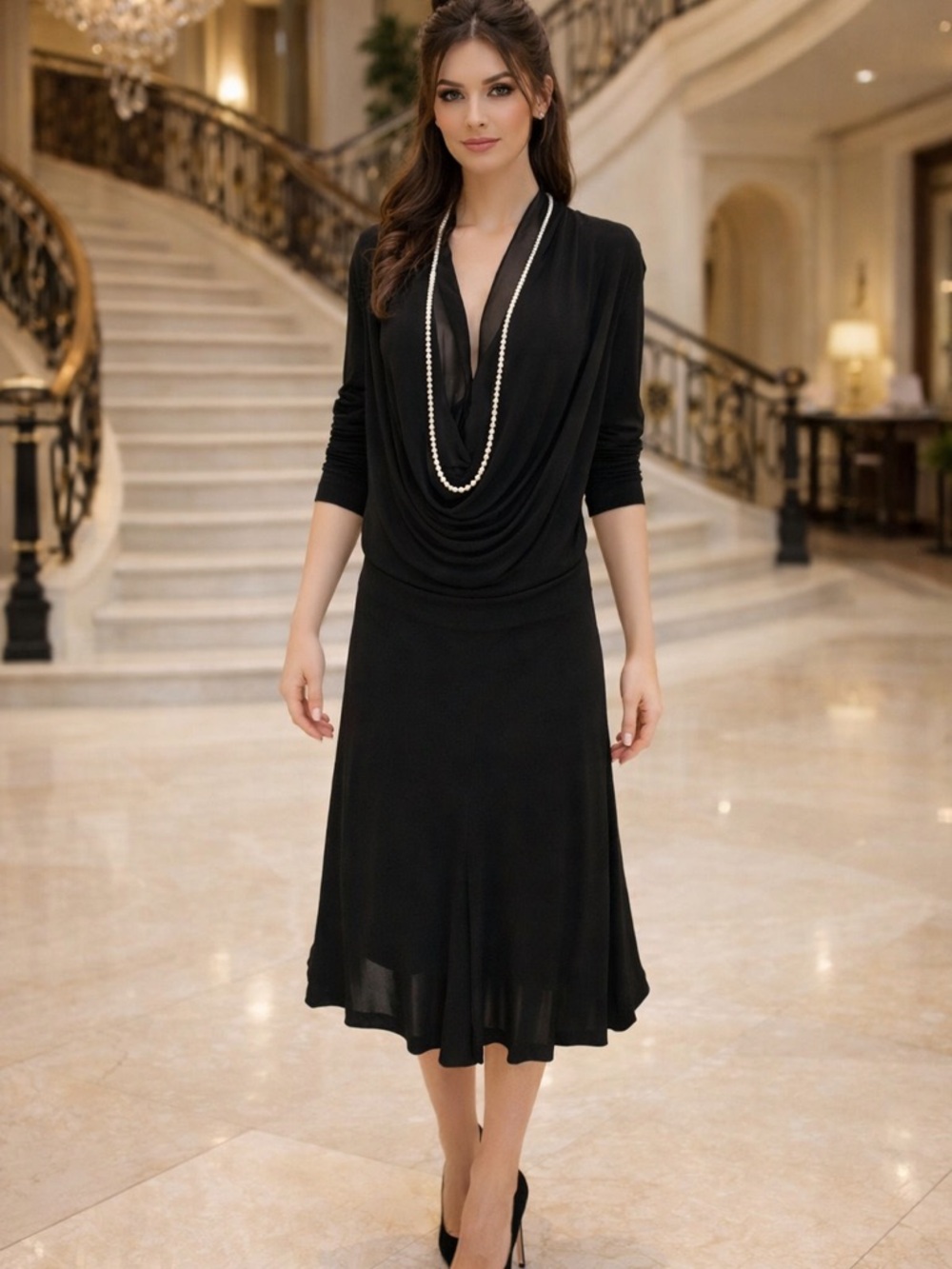 JEAN PAUL GAULTIER Femme Black Plunged Neck Knit Draped Dress Pearl Front Vtg 12